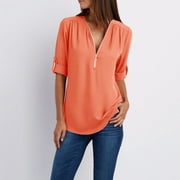 Womens Short Sleeve Zipper V Neck Tops Sexy Ladies Tunic Shirt Blouses Tees Summer Chiffon Comfy Plus Size T Shirt